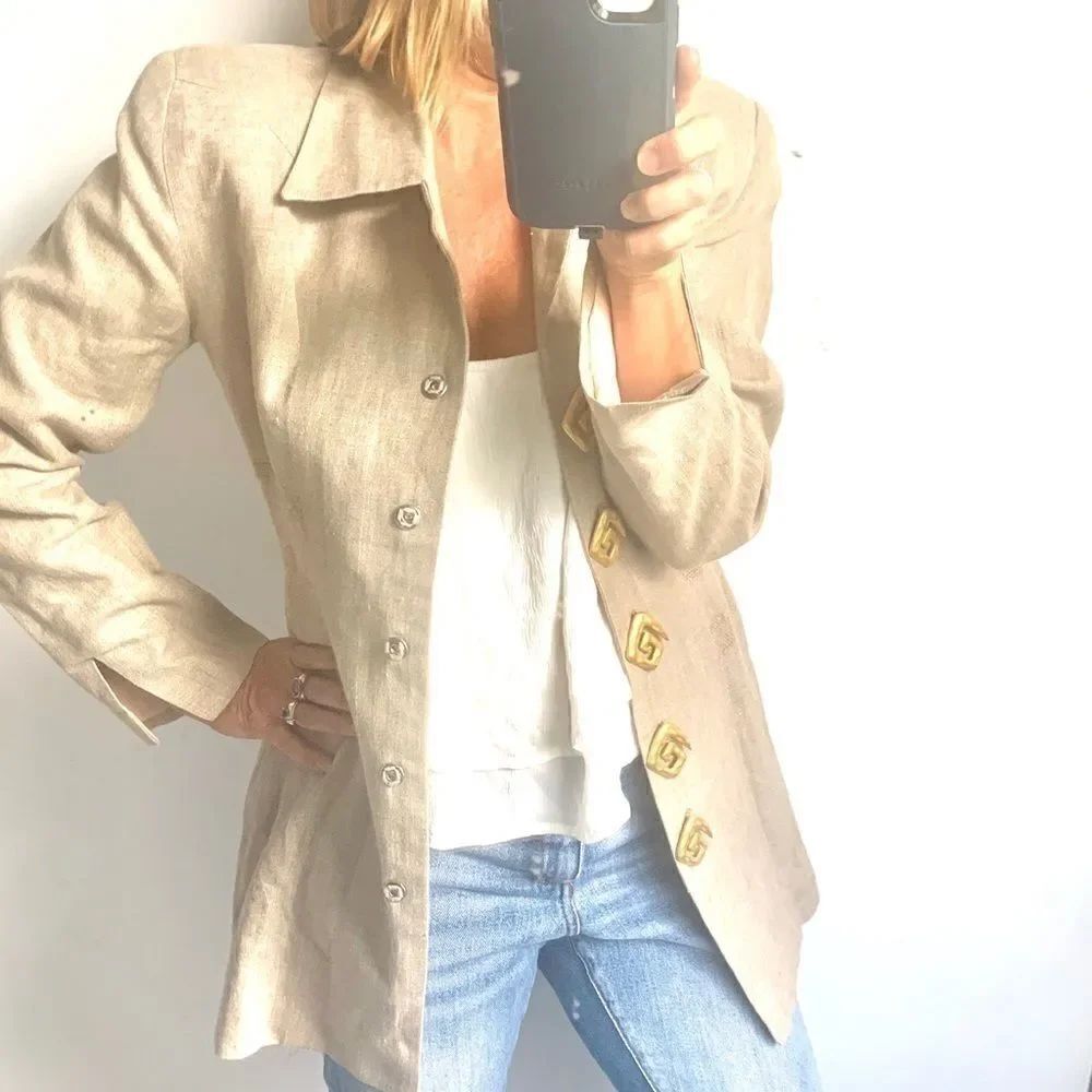 Vintage Fabulous Beige Gold Retro Linen Jacket